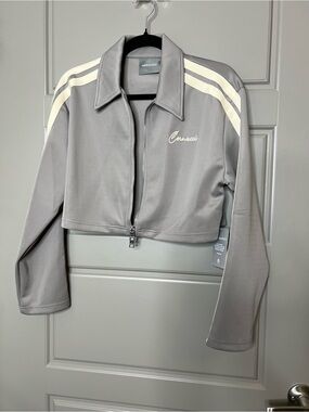 Cenrucci Cropped Track Jacket - Gray with Cream Stripes